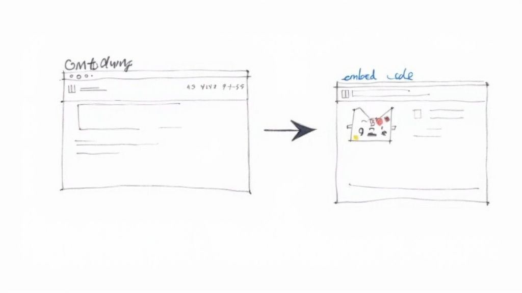 Sketch showing a web page embedding a live countdown timer, transforming from a plain page to one displaying a graphic.