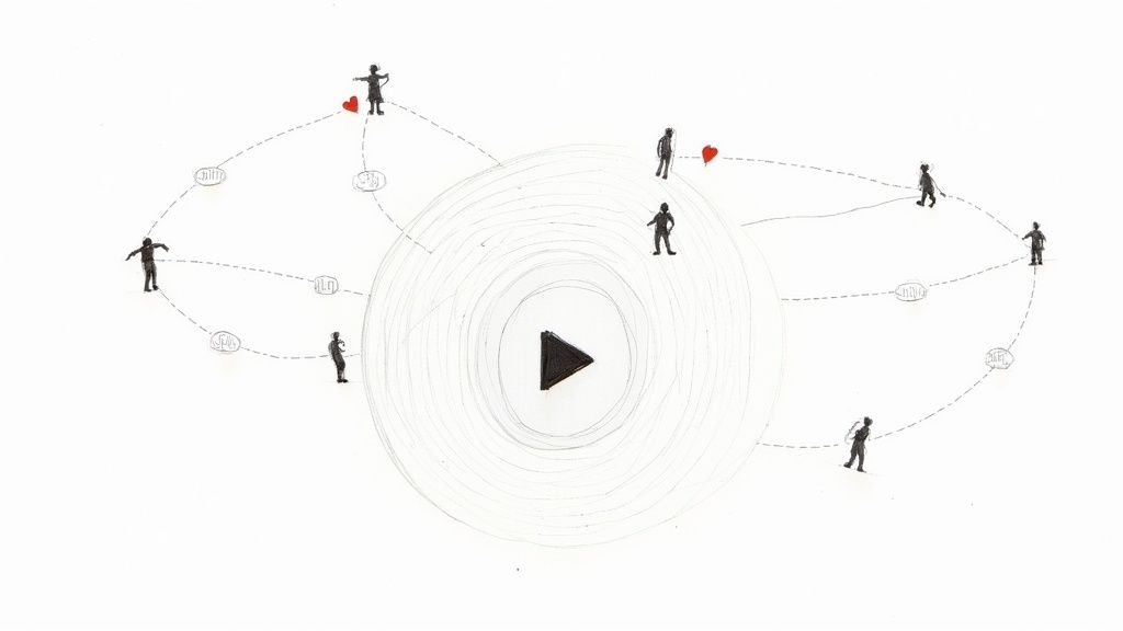 Hand-drawn network of people connected by dotted lines around a central play button with hearts.
