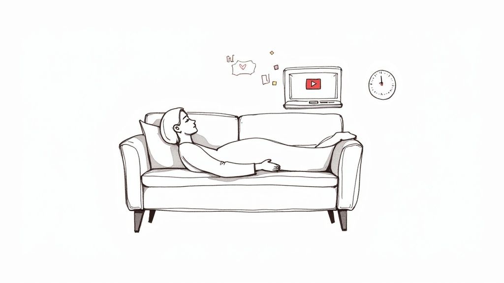 Illustration of a person relaxing on a couch, watching YouTube on a laptop, with a clock nearby.