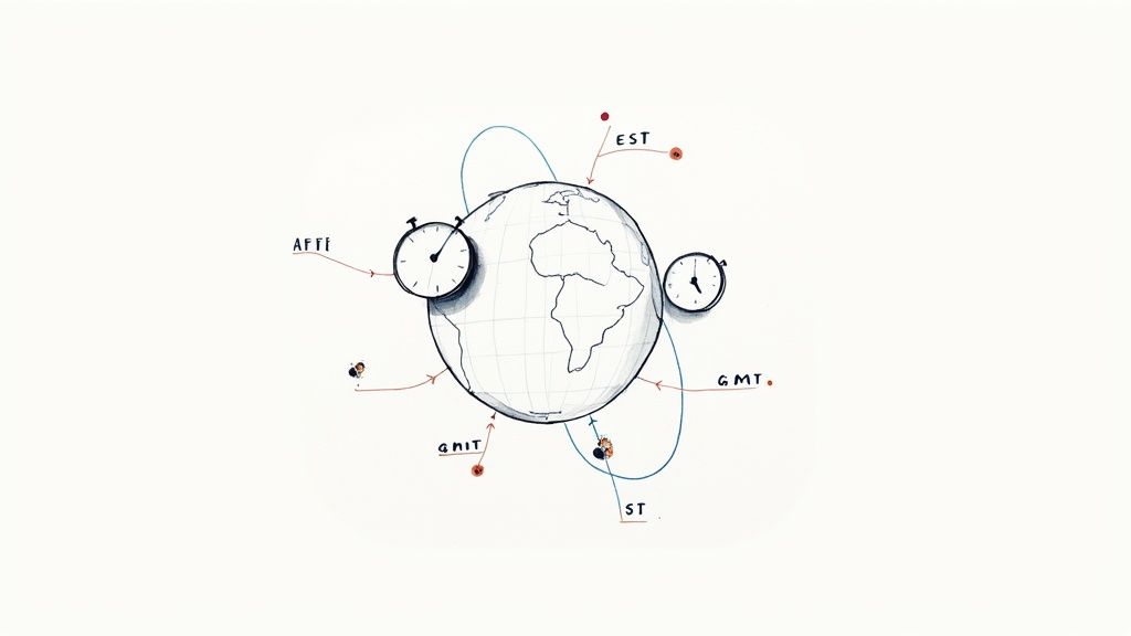 Hand-drawn illustration of a globe with two clocks, people, and time zone labels (EST, GMT) indicating global time.