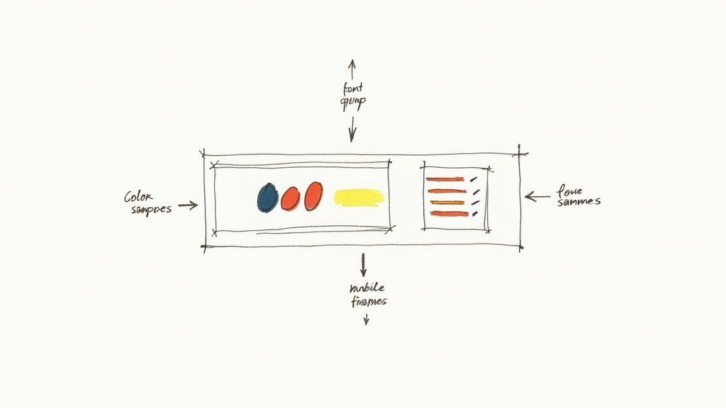 A hand-drawn sketch showing color samples, font styles, and mobile frames for design components.