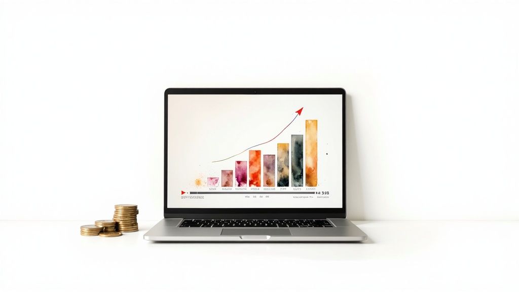 A person holding a smartphone with a YouTube logo and dollar signs floating around it.