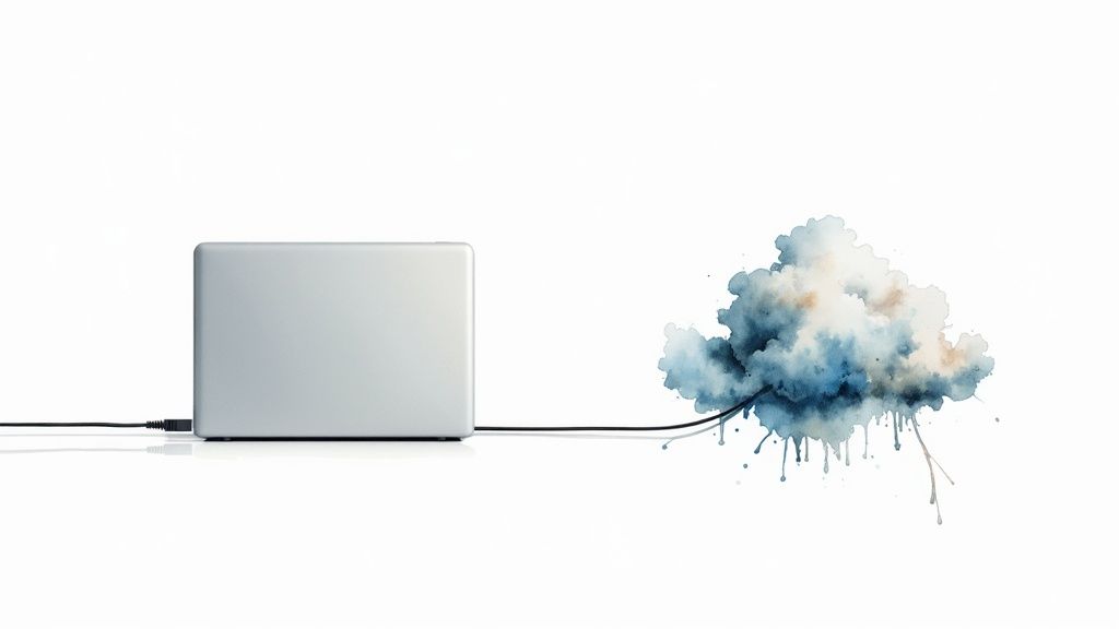 A silver laptop is connected by a black cable to a blue watercolor cloud, symbolizing cloud computing.
