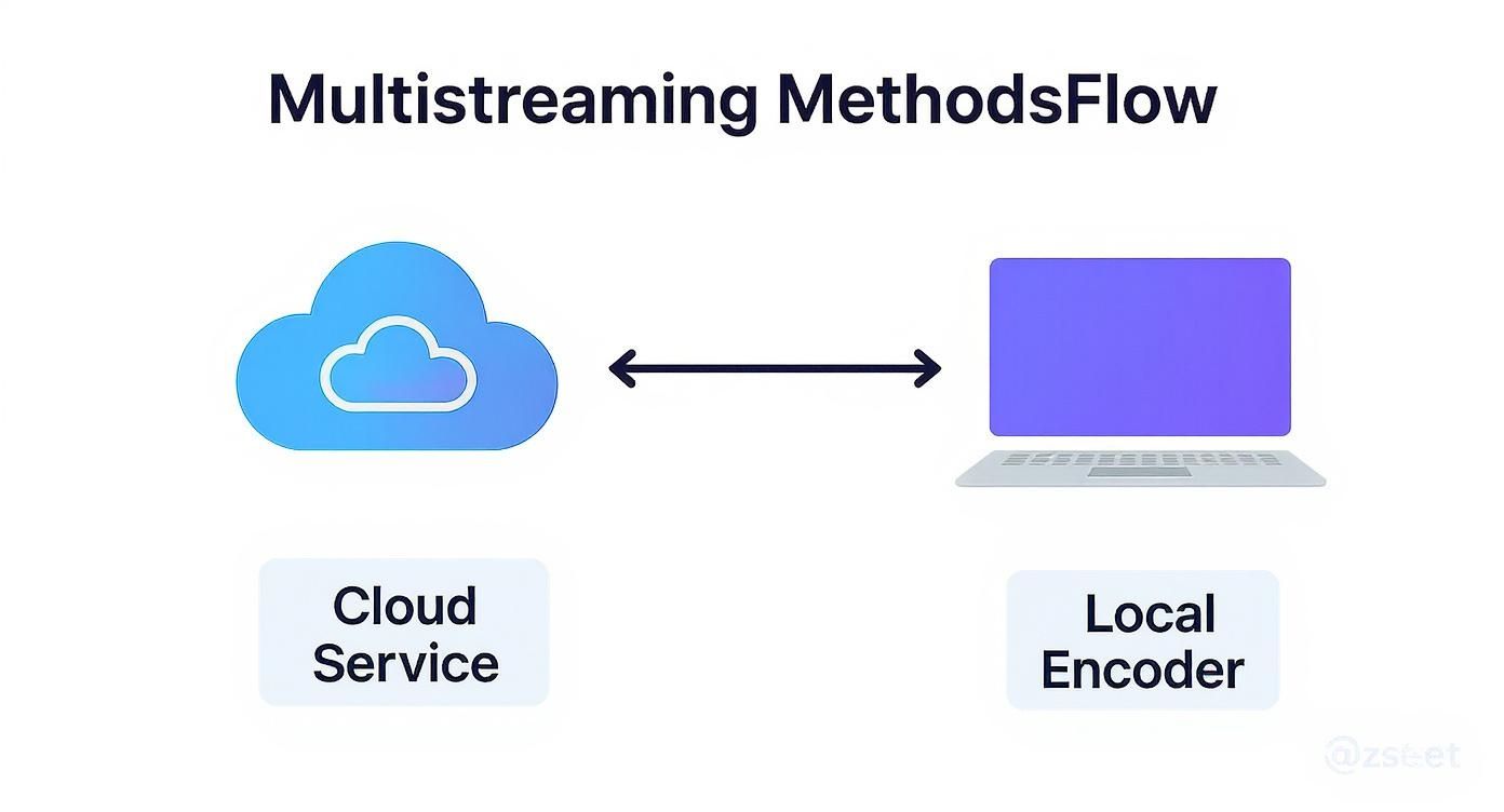 Diagram illustrating multistreaming methods flow, showing a bidirectional connection between a cloud service and a local encoder.