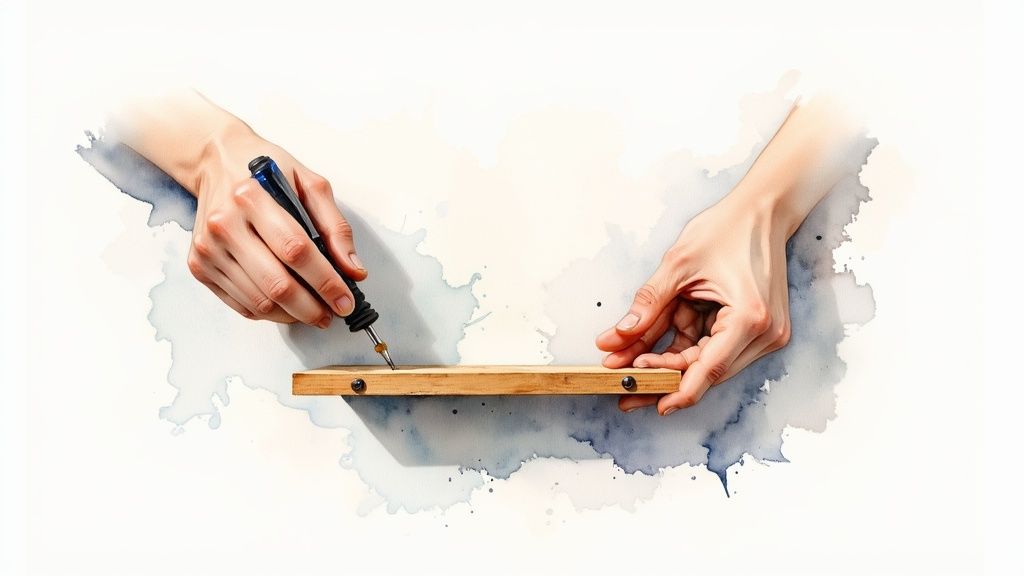 Close-up of hands using a precision tool on a wooden plank, set against a watercolor background.