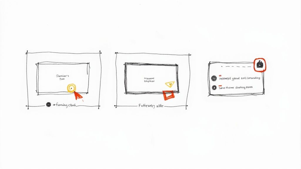 Three hand-drawn conceptual diagrams with boxes, abstract text, and various symbols on a white background.