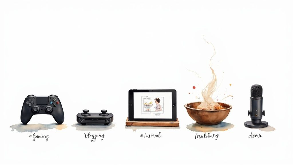 Five content creator tools including a gaming controller, vlogging camera, tutorial tablet, mukbang bowl, and ASMR microphone