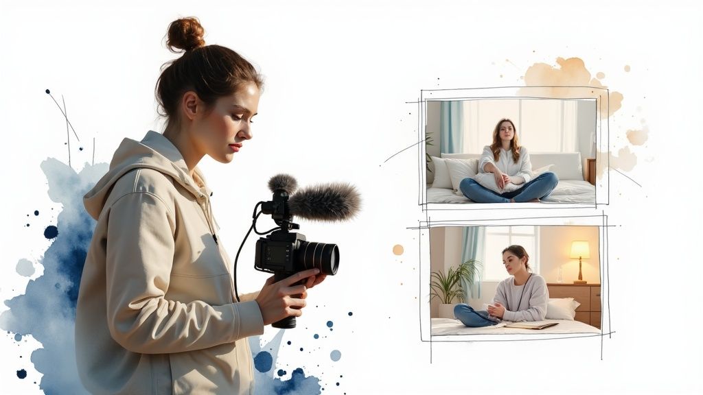 A creator planning video content on a storyboard with thumbnails and titles.