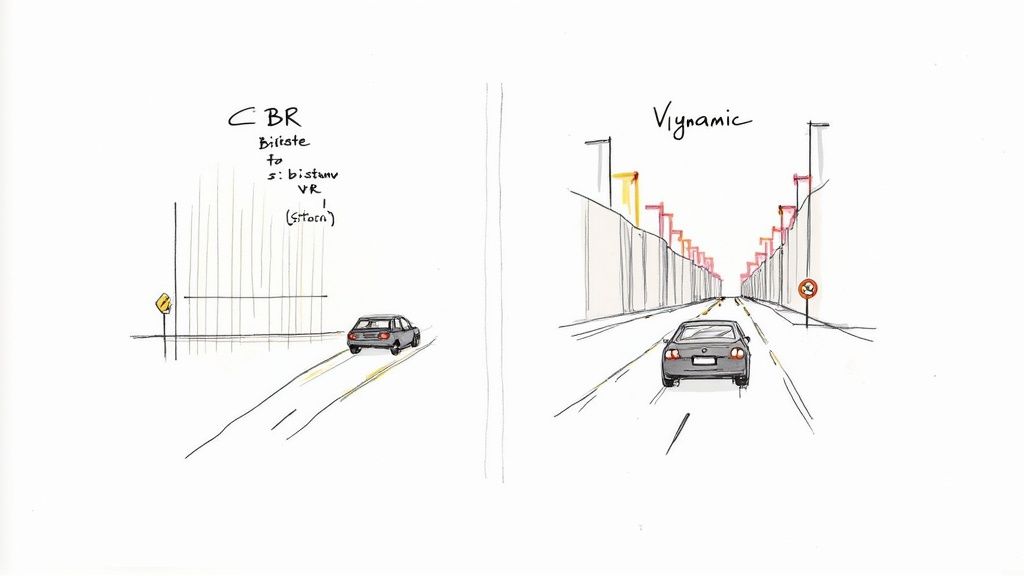 A stylized graphic showing two paths, one a straight, steady line labeled 'CBR' and the other a wavy, dynamic line labeled 'VBR', representing different data flow methods.