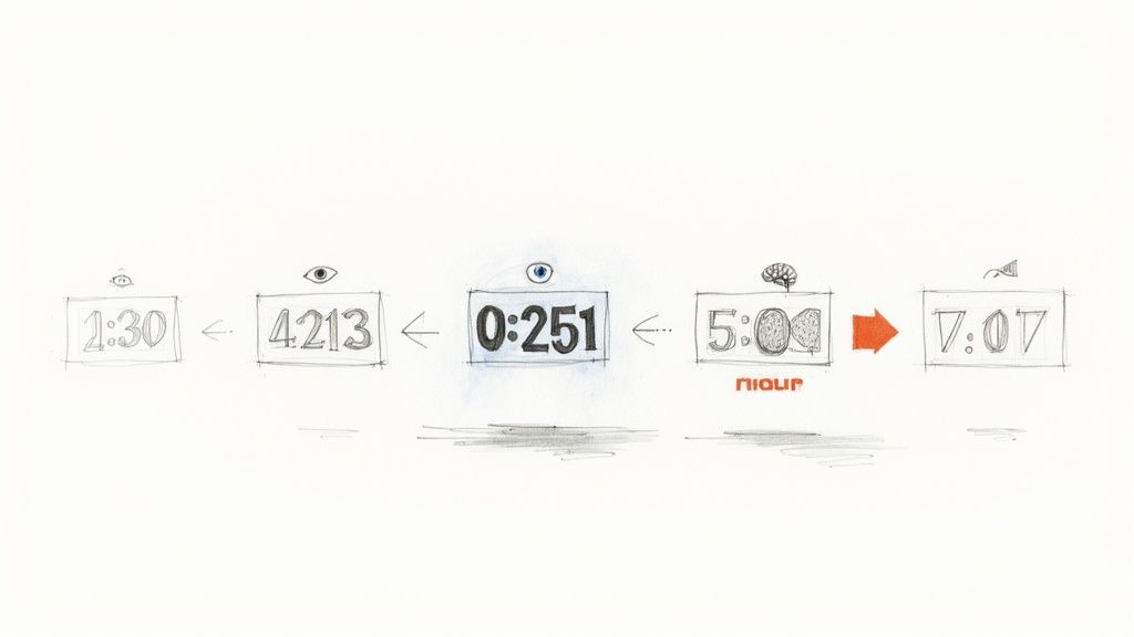 Hand-drawn sequence of five digital clock-like displays with numbers, arrows, eyes, and brain symbols.