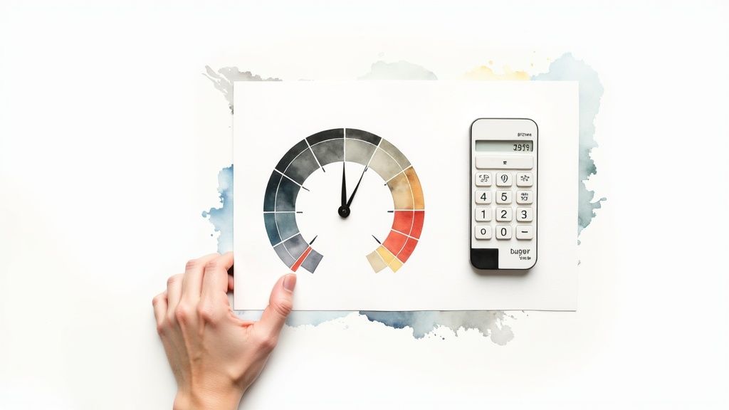 A hand holds a paper with a watercolor clock showing a colorful time wheel and a white calculator.