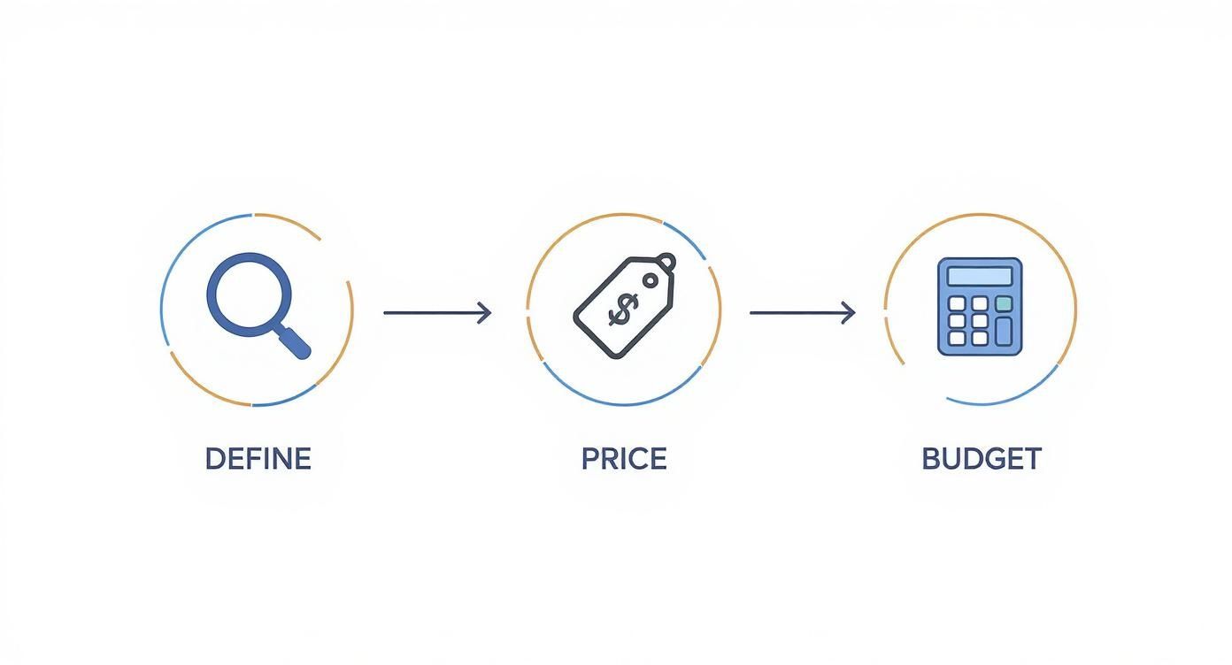 Three-step process workflow showing define, price, and budget stages with icons for event ticket sales