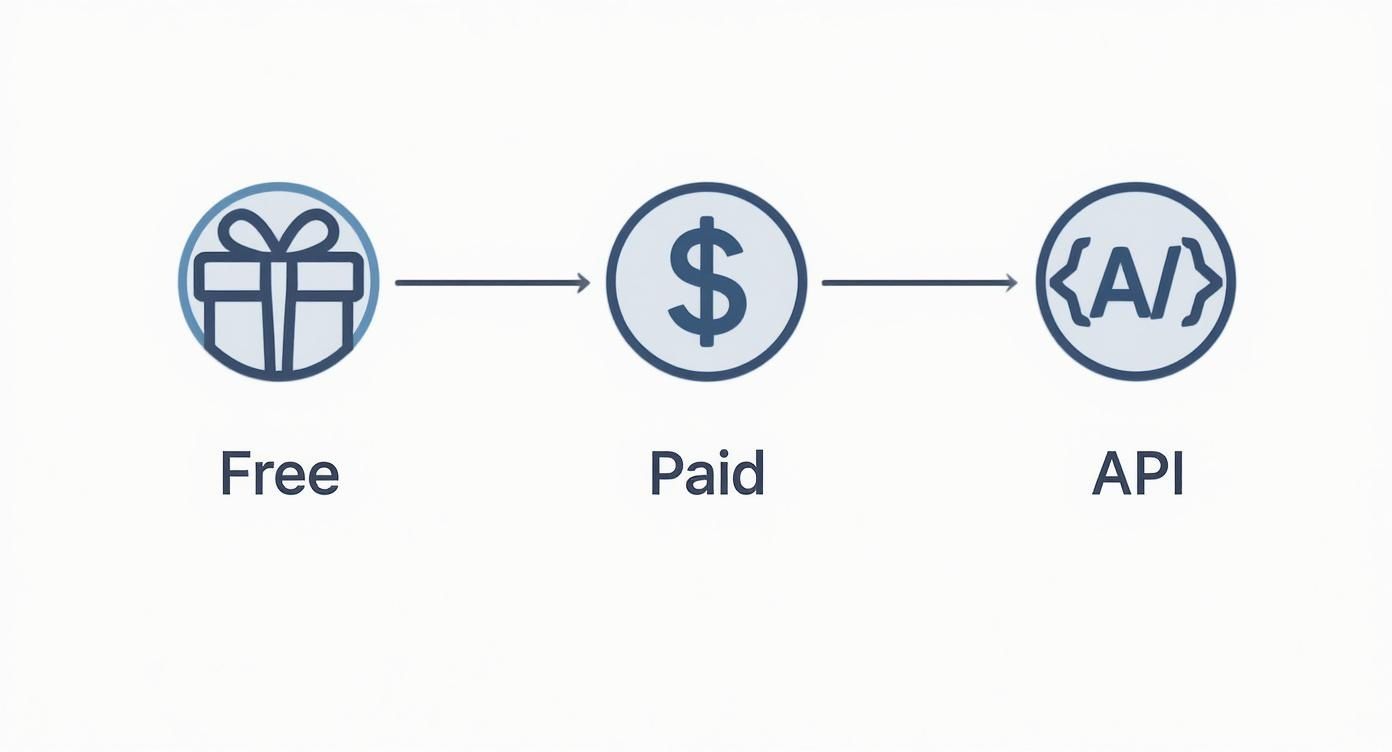 A three-step diagram showing a progression from Free (gift icon) to Paid (dollar icon) to API (code icon).