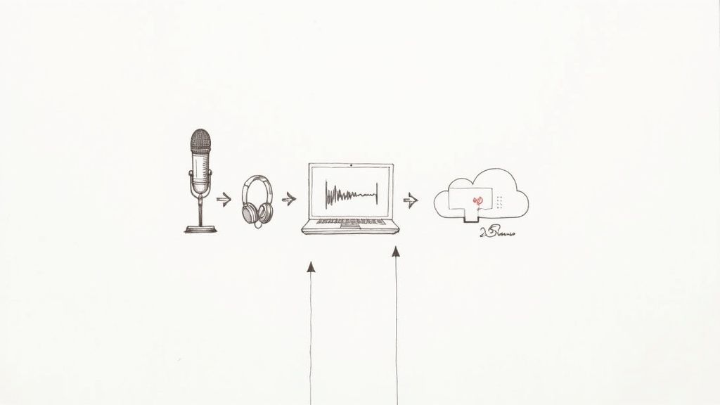 Diagram shows podcasting workflow: microphone, headphones, laptop with waveform, and cloud storage.