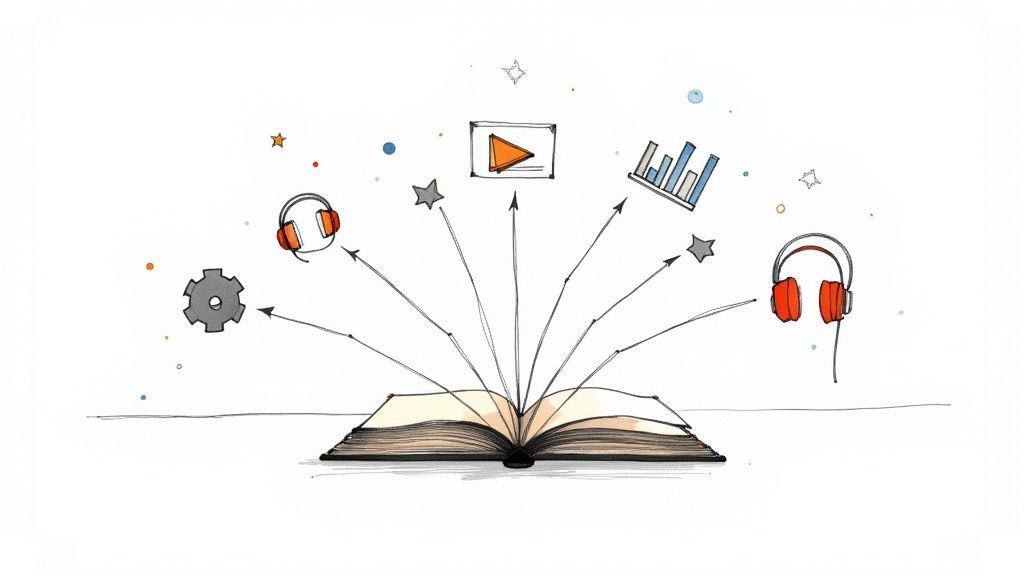 An open book with lines fanning out to icons of headphones, video, gear, and charts, representing diverse learning.