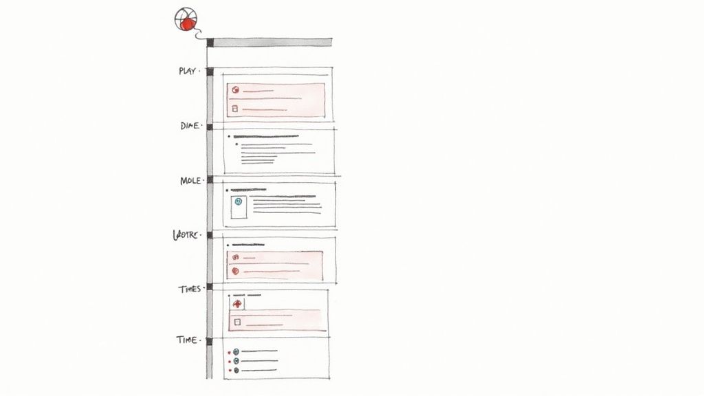 Hand-drawn wireframe sketches illustrating a vertical timeline of user interface components and interactions.