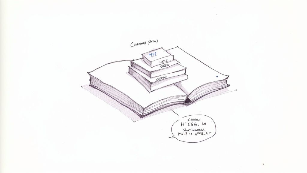 Hand-drawn illustration of stacked books showing video encoding formats and codec hierarchy