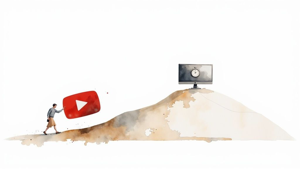 Person pushing YouTube play button uphill toward monitor with stopwatch symbolizing watch time growth