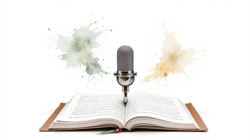 A vintage silver microphone stands on an open book with watercolor splatters on a white background, symbolizing storytelling.