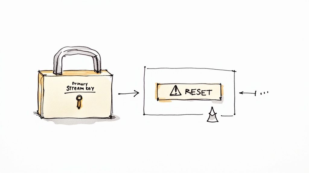 Padlock labeled primary stream key with arrow pointing to reset button illustrating security concept