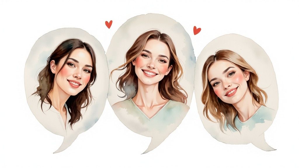 Three smiling women portraits in watercolor style speech bubbles with hearts showing community engagement