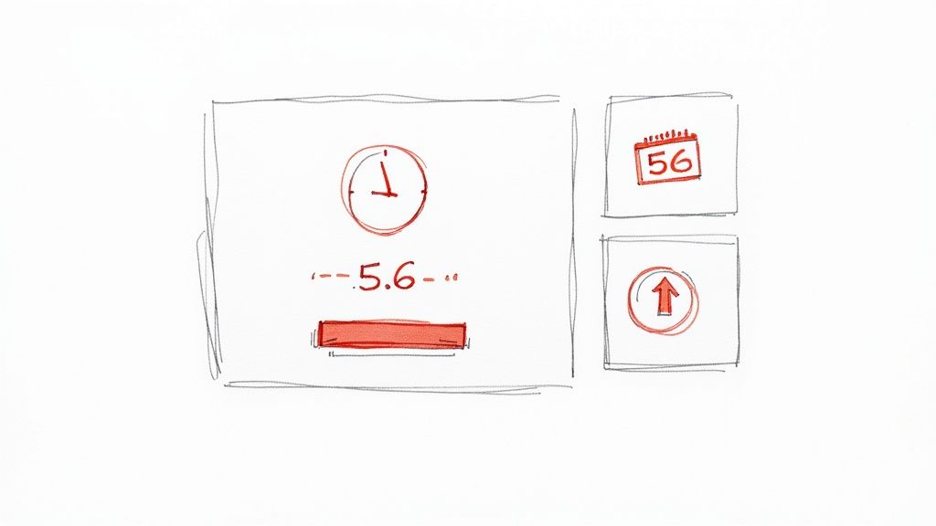 Hand-drawn sketch showing clock, 5.6 text, progress bar, calendar showing 56, and upload icon