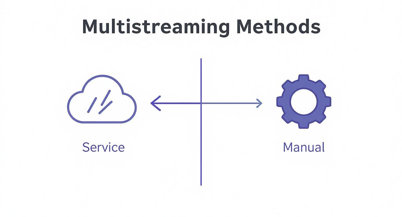 Diagram illustrating two multistreaming methods: automated cloud-based 'Service' and hands-on 'Manual' approach.