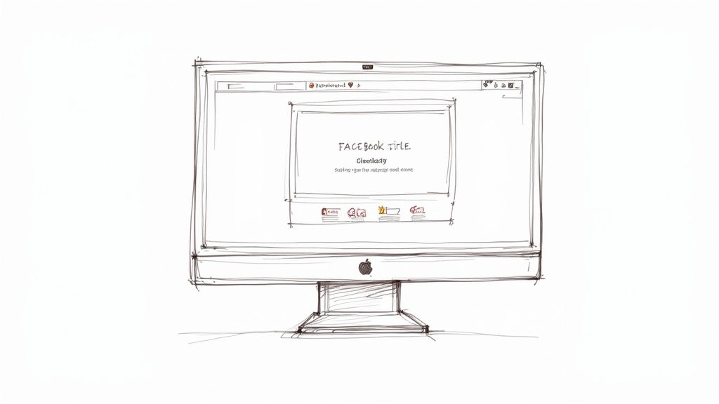 A person using a laptop to plan a Facebook event, with various social media icons and engagement metrics floating around the screen.