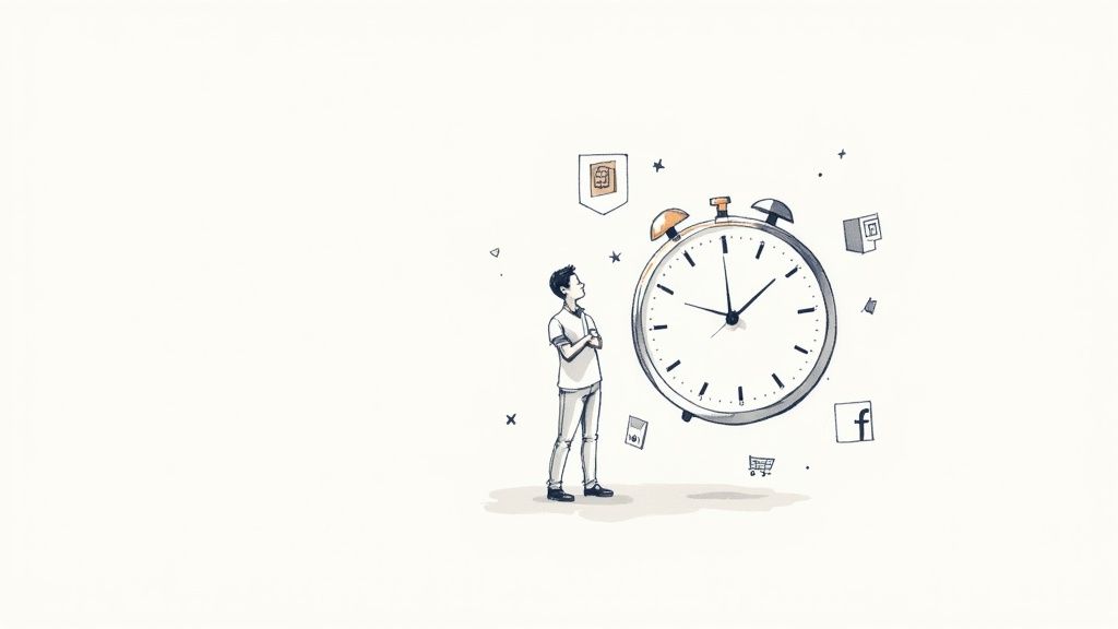 Illustration of a man looking at a large alarm clock surrounded by digital icons like Facebook and a shopping cart.