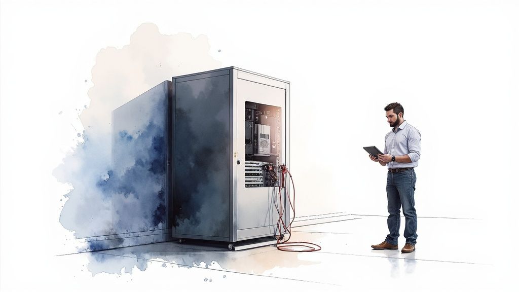 A man using a tablet inspects an open server rack with exposed components and wires.