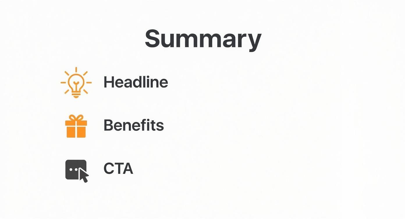 Infographic summarizing how to use headlines, benefits, and calls-to-action to increase website conversions.