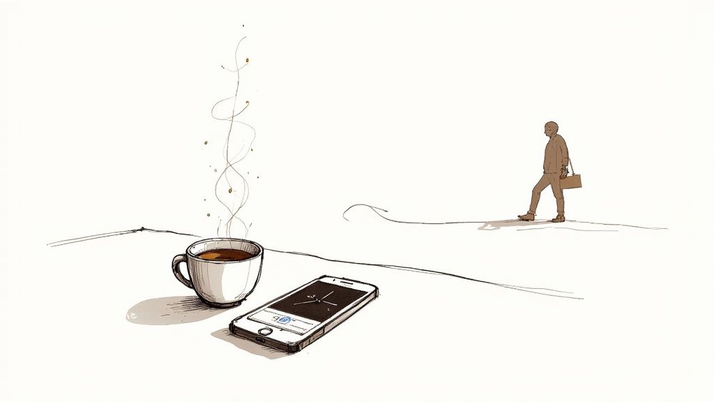 An illustration depicting morning routine items like coffee, phone, and a man going to work.