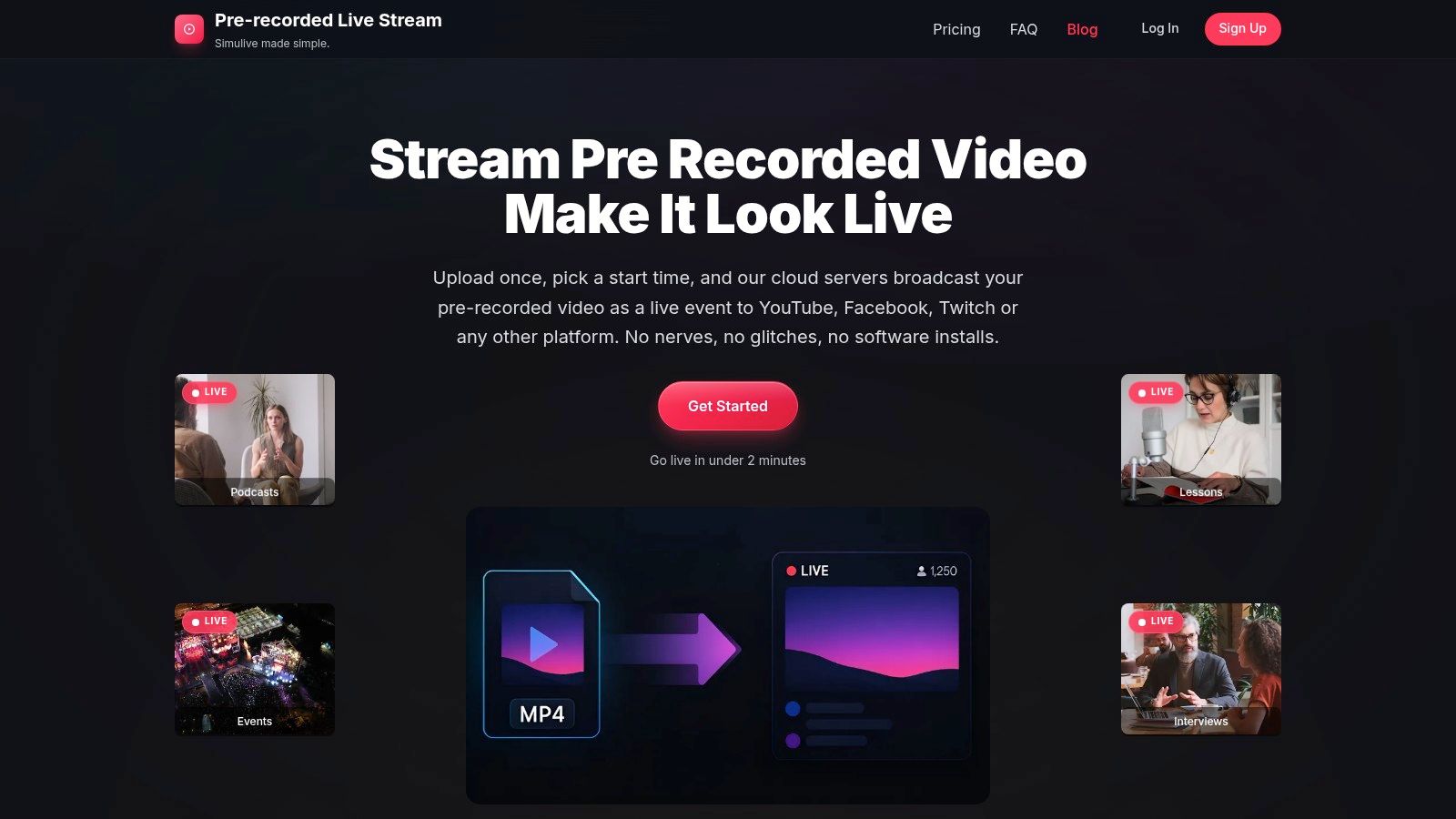 A screenshot of the Pre-recorded LiveStream user interface showing a video being scheduled for a live broadcast.