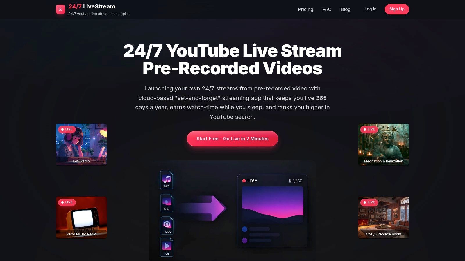 A dashboard showing a live stream's status and playlist on the 24/7 LiveStream platform.