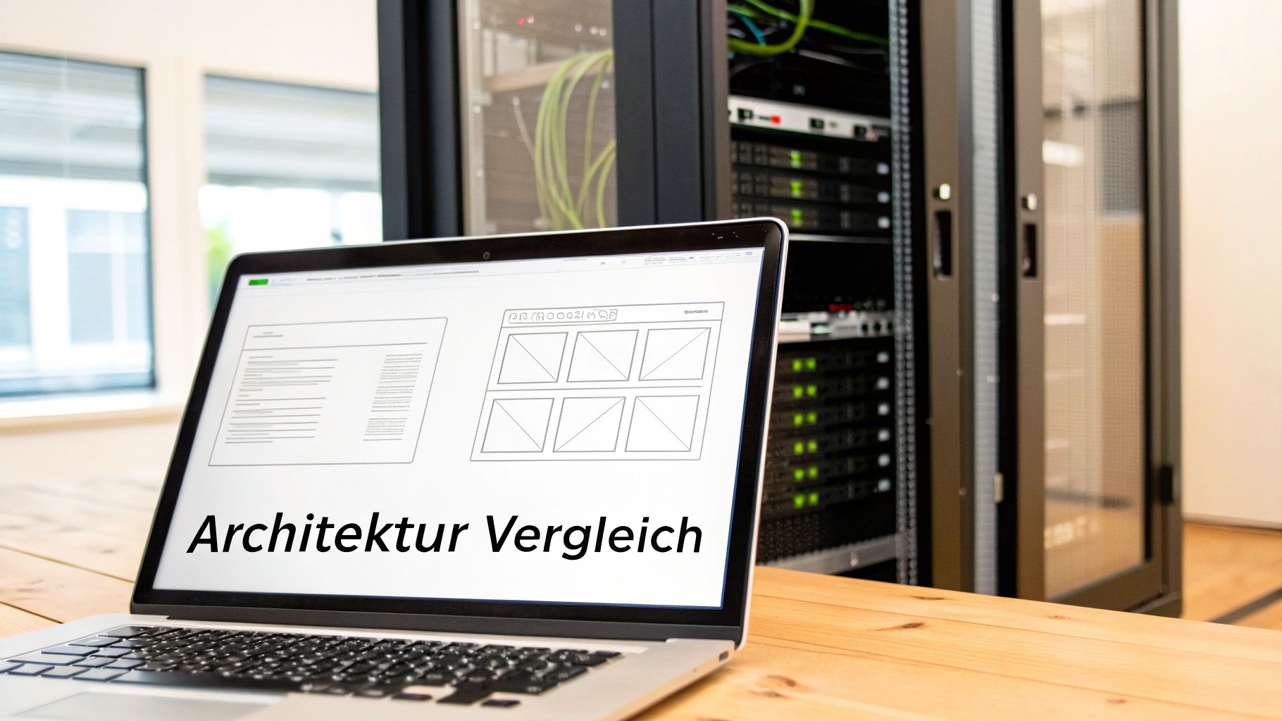 Ein Laptop auf einem Holztisch zeigt Webdesign-Wireframes mit dem Text 'Architektur Vergleich' vor Serverschränken.
