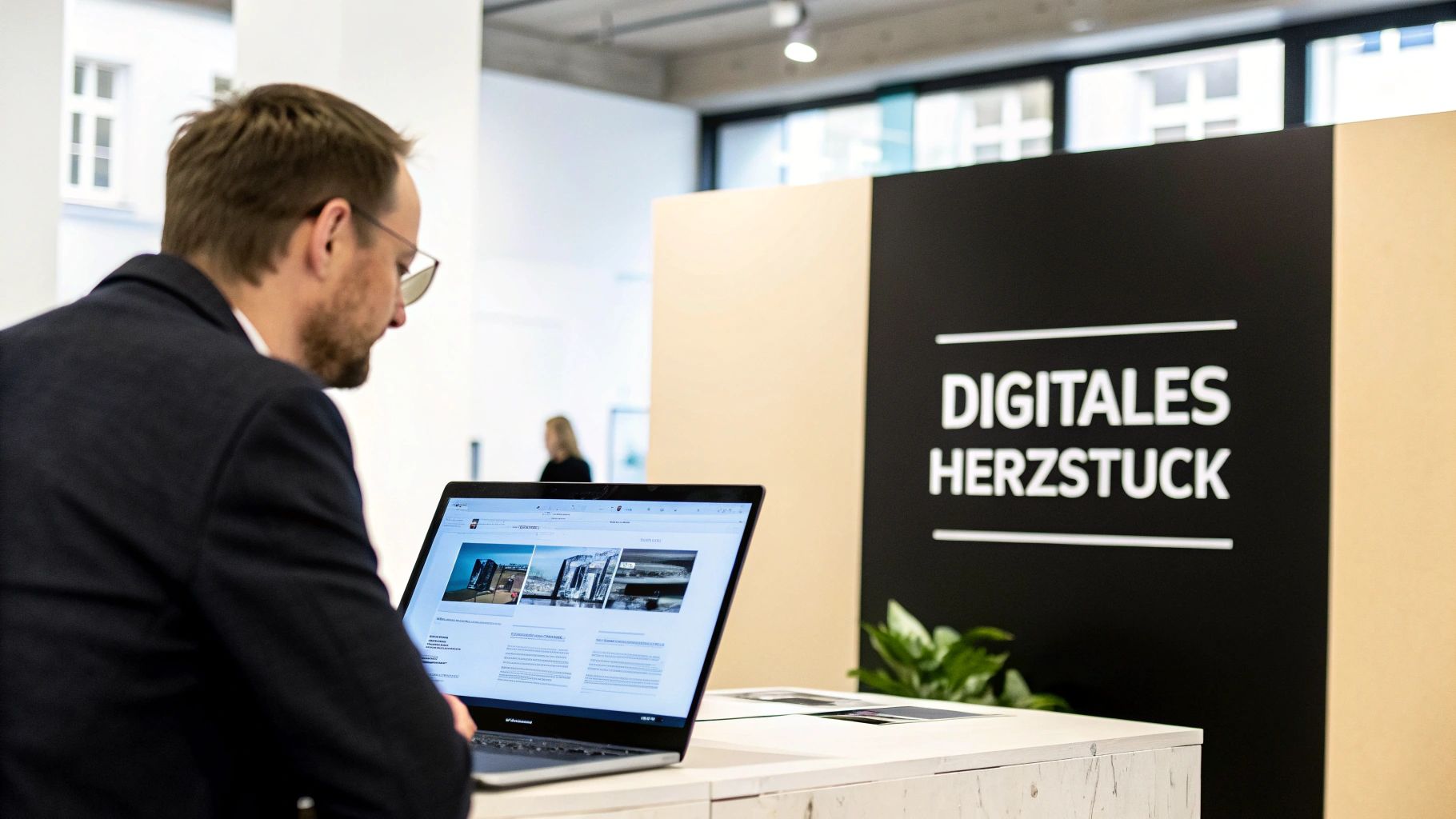Ein Mann im Anzug mit Brille arbeitet an einem Laptop vor einem Schild mit der Aufschrift "DIGITALES HERZSTÜCK".