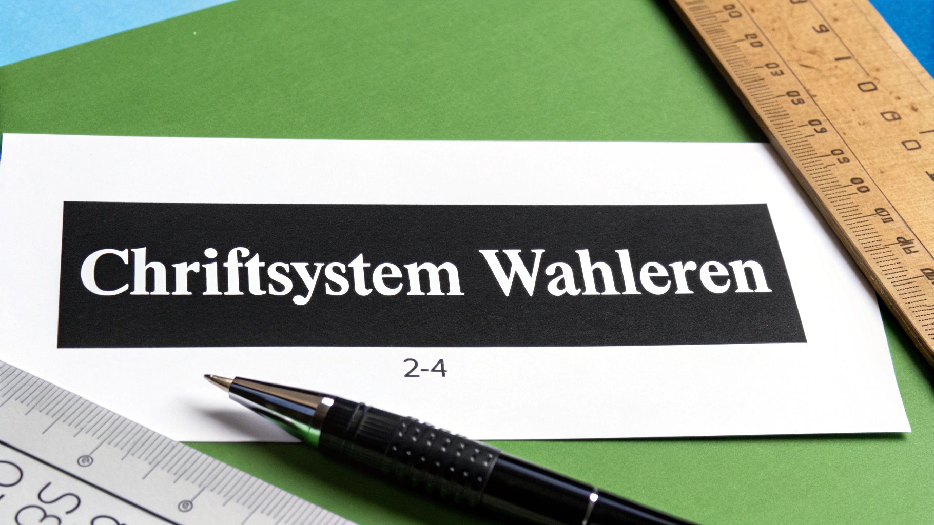 Dokument mit 'Chriftsystem Wahleren' und '2-4' auf schwarzem Balken. Stift und Lineale auf grünem Schreibtisch.