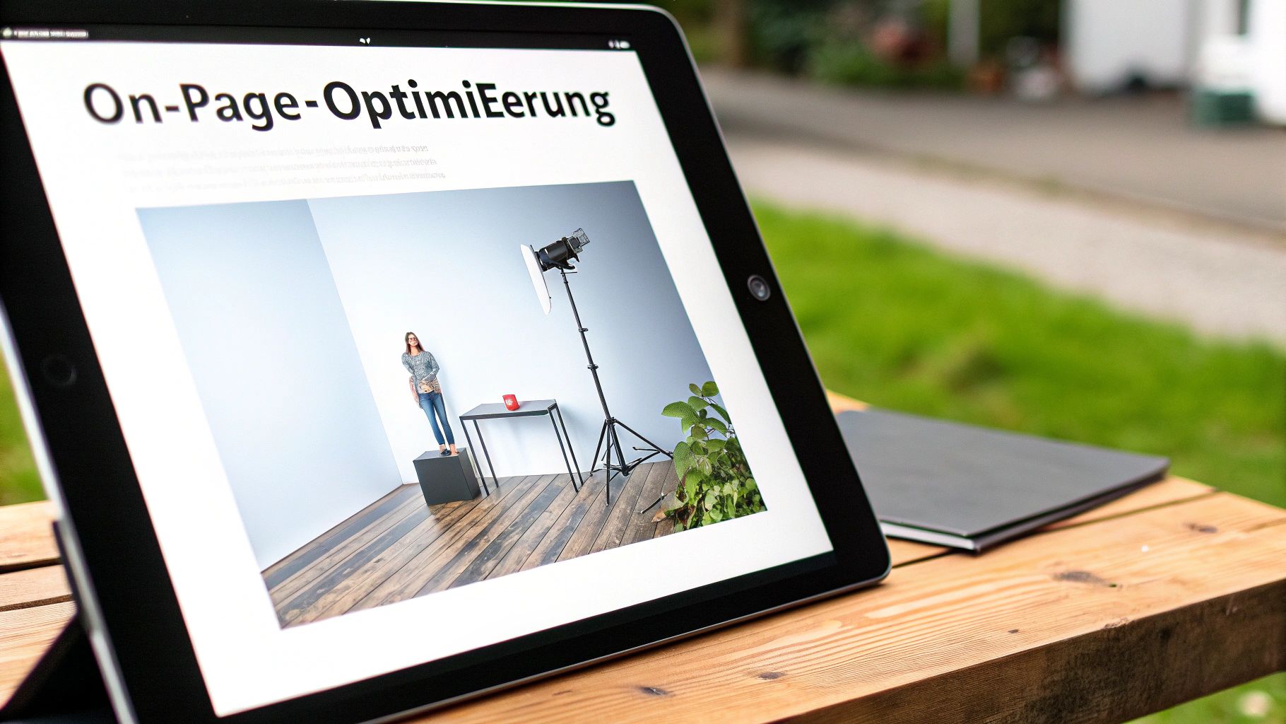 Tablet zeigt eine Webseite mit dem Titel 'On-Page-Optimierung' und einem Bild eines Fotoshootings.