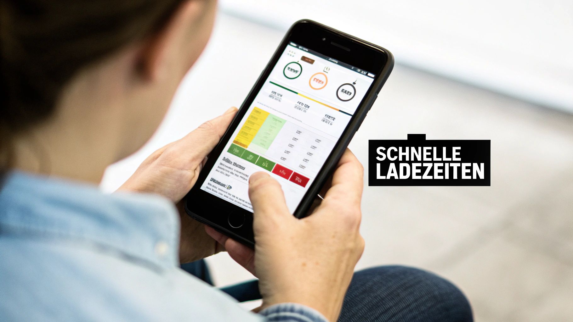 Eine Person hält ein Smartphone und schaut auf eine App mit Daten und Grafiken, daneben der Text 'SCHNELLE LADEZEITEN'.