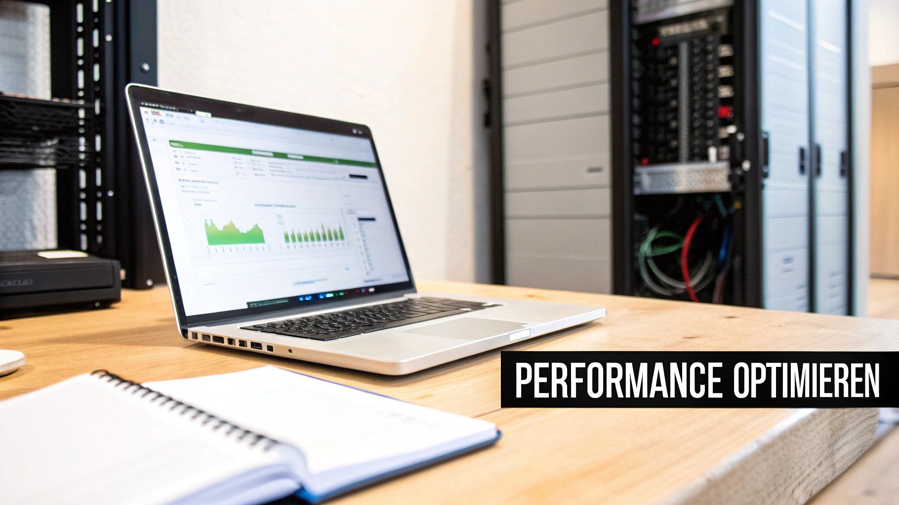 Laptop zeigt Performance-Diagramme auf einem Schreibtisch mit offenem Notizbuch und Servern im Hintergrund, Thema Performance optimieren.