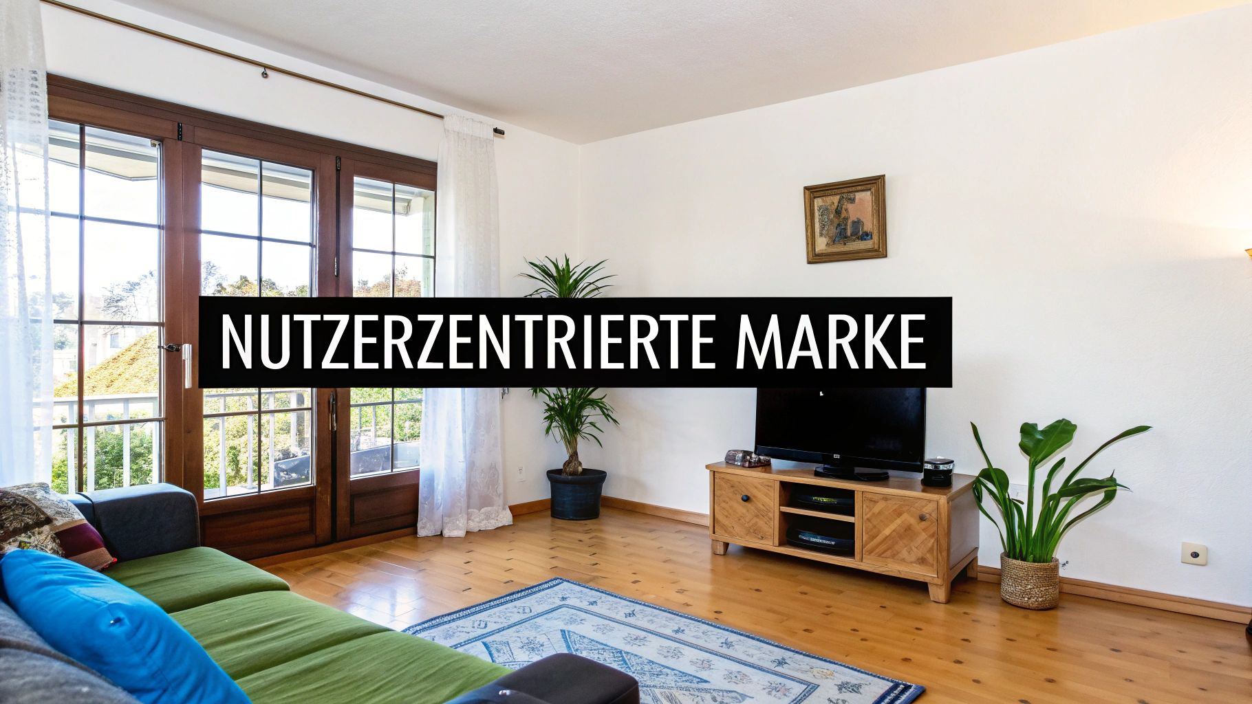 Gemütliches Wohnzimmer mit Sofa, Fernseher und Pflanzen, überlagert vom Text 'NUTZERZENTRIERTE MARKE'.