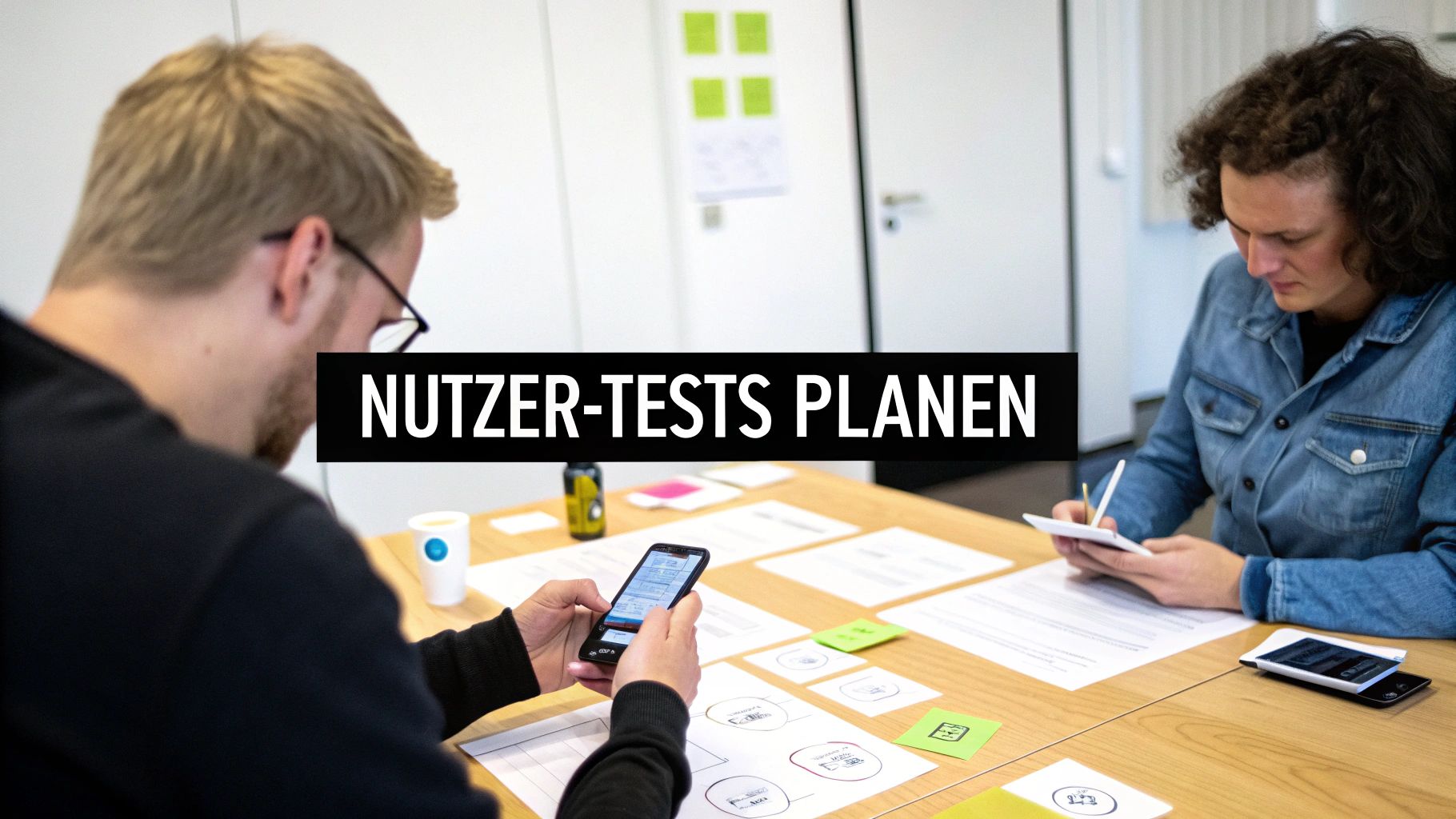 Zwei Personen planen Nutzer-Tests an einem Tisch mit Smartphone und Notizen, während ein Textbanner „NUTZER-TESTS PLANEN“ anzeigt.