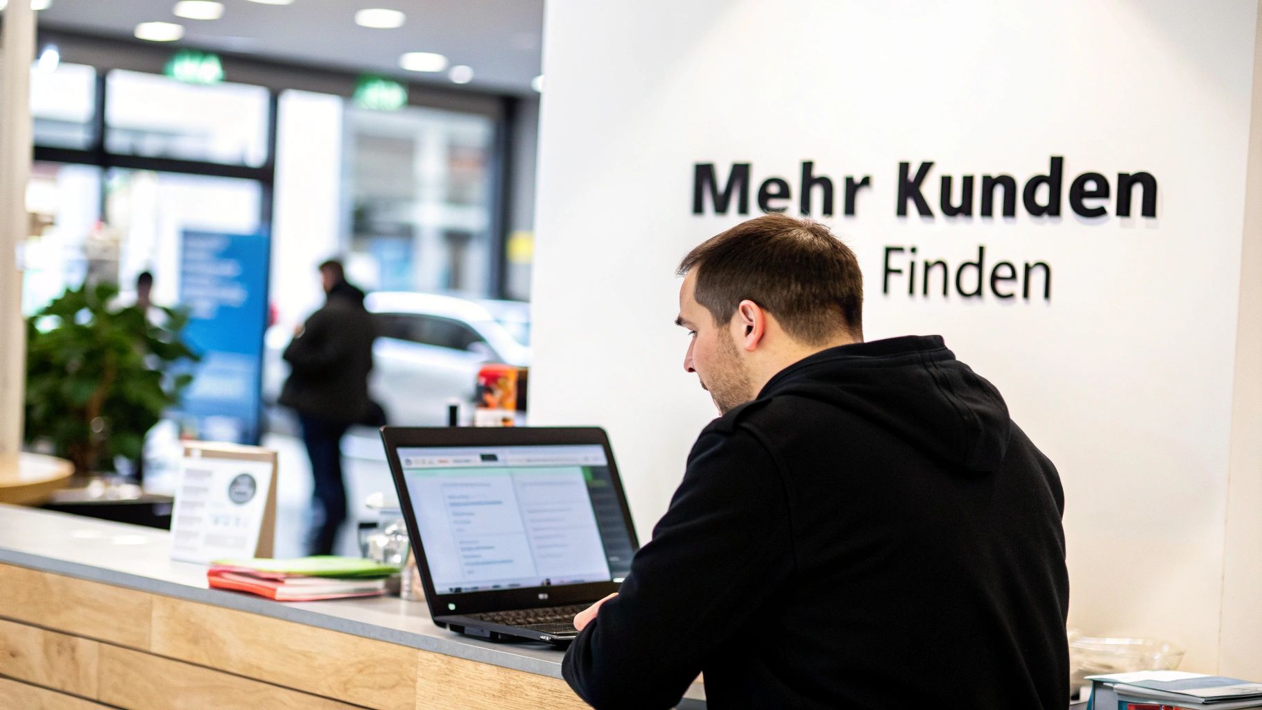 Ein Mann arbeitet konzentriert an einem Laptop. Im Hintergrund ist eine Wand mit der Aufschrift 'Mehr Kunden Finden'.