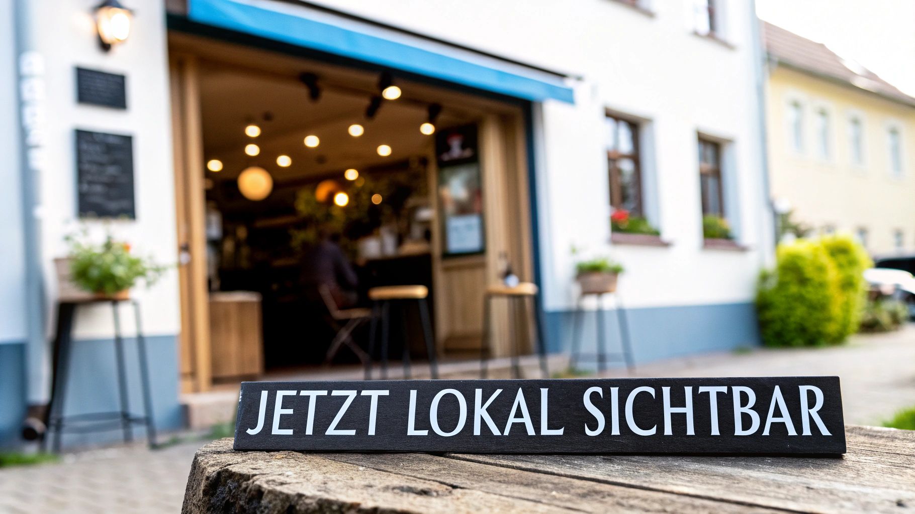 Holzschild mit der Aufschrift 'JETZT LOKAL SICHTBAR' vor einem unscharfen Ladengeschäft, das ein kleines Unternehmen zeigt.