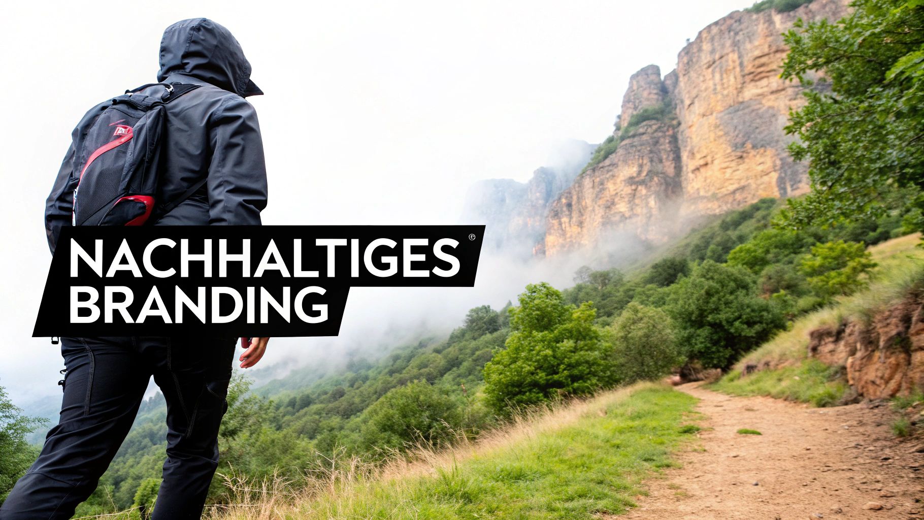 Ein Wanderer geht auf einem Pfad in nebliger Berglandschaft mit Felsen und Wäldern. Der Text „NACHHALTIGES BRANDING“ ist eingeblendet.