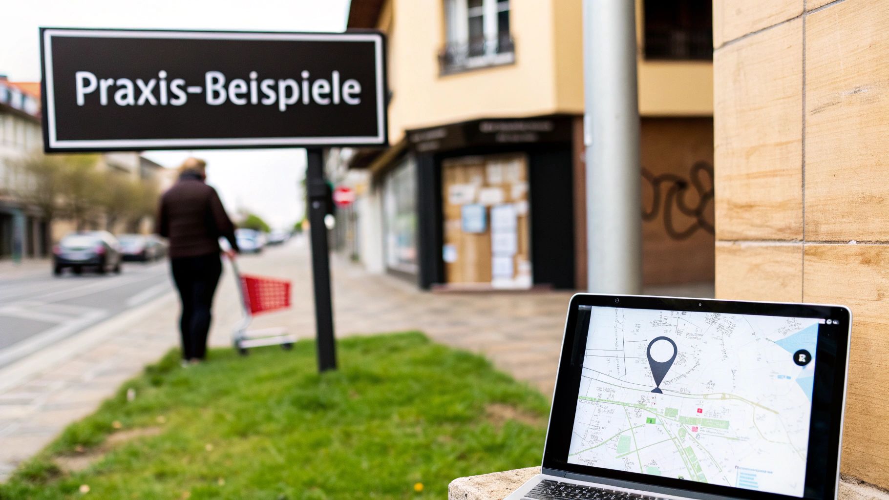Schild mit der Aufschrift 'Praxis-Beispiele' an einer Straße, davor ein Laptop mit Landkarte und Standortnadel.