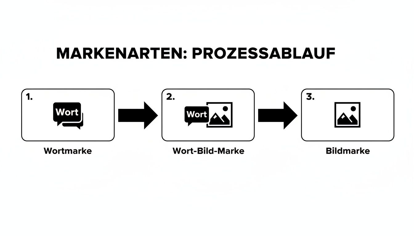 Ein Flussdiagramm zeigt den Prozessablauf von Markenarten: Wortmarke, Wort-Bild-Marke und Bildmarke in drei Schritten.