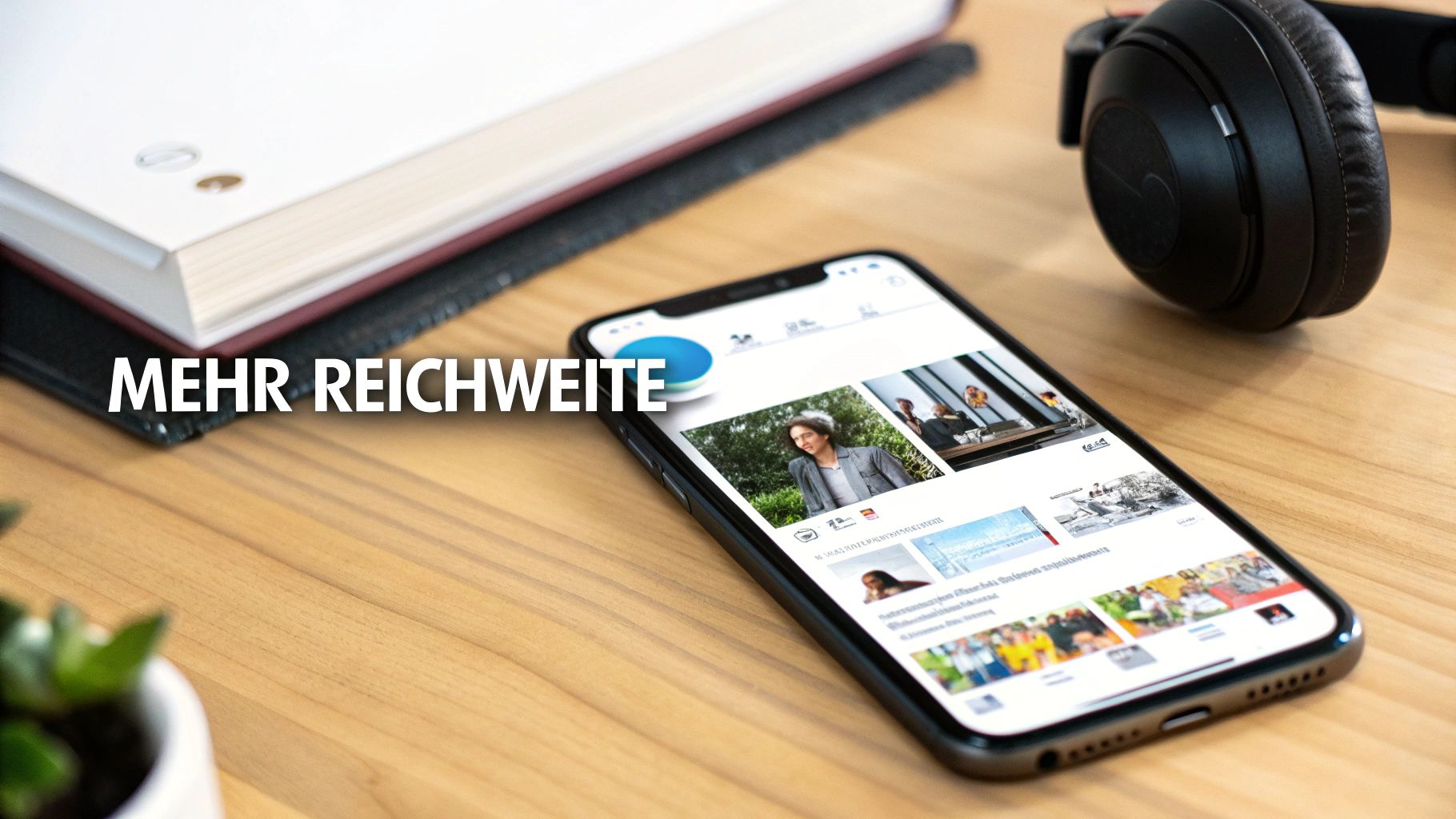 Smartphone mit Social-Media-Feed, Kopfhörern und Büchern auf einem Holztisch mit dem Text 'MEHR REICHWEITE'.