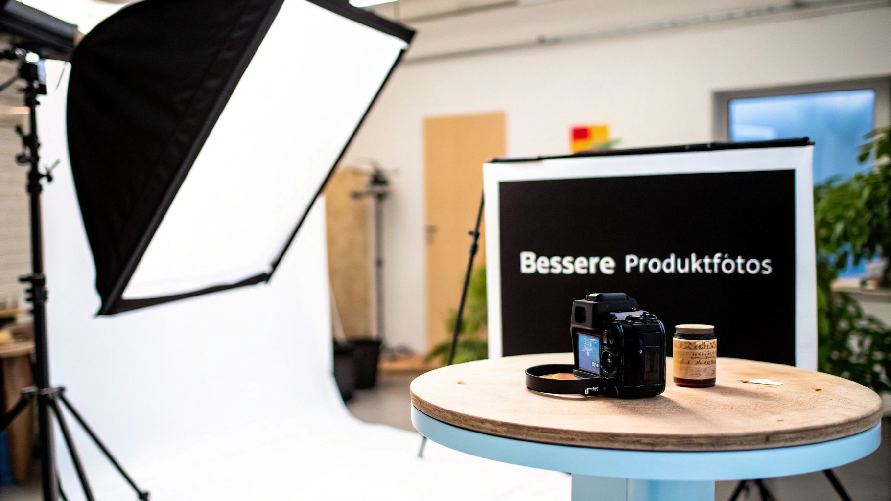 Ein Fotostudio mit Softbox, Kamera und einem Produkt auf einem Tisch, bereit für bessere Produktfotos.