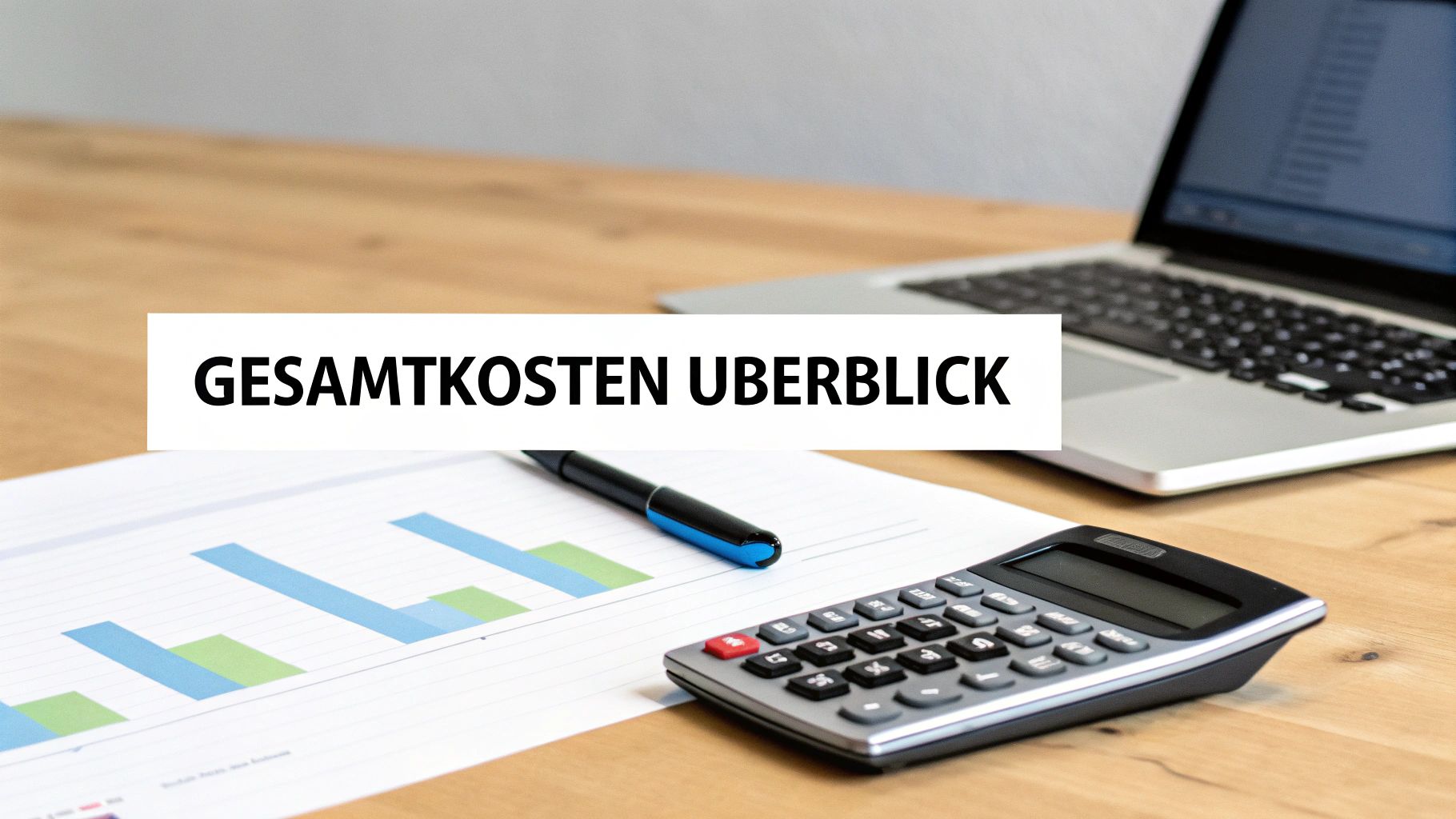 Ein Schreibtisch mit Laptop, Taschenrechner, Stift und Diagramm, darüber ein Banner mit 'Gesamtkosten Überblick'.